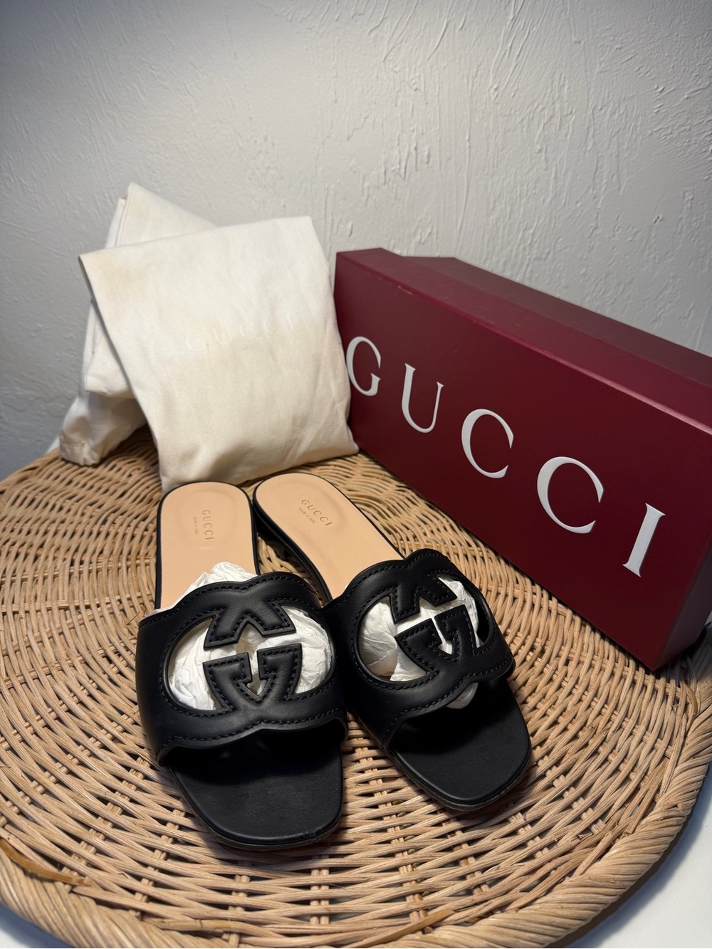 Gucci Black Leather Double G Cutout Slide Mules